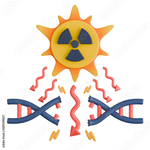3D illustration featuring radioactive symbol emitting ionizing radiation rays causing damaged DNA. Represents health risks from radiation exposure.