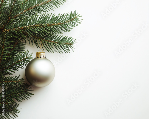 A minimalist Christmas aesthetic is a simple composition that highlights one tree branch and one ornament.