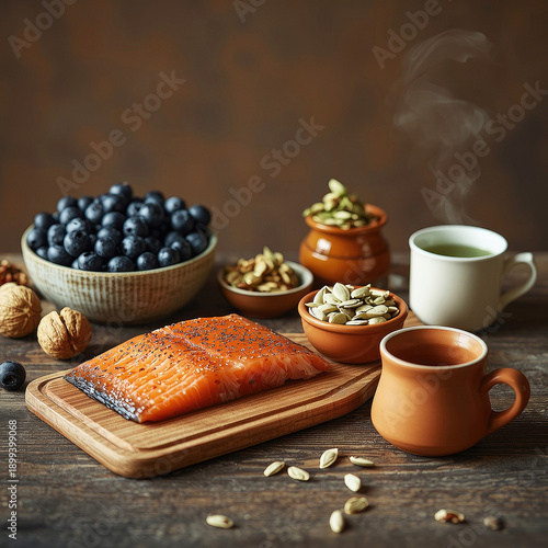 The vibrant still life captures ripe blueberries scattered next to red fish lying on a wooden board.
