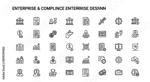 Business and Finance Icons: Enterprise, Compliance, Money, Growth, and Legal Concepts