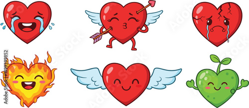 Cute heart emoji illustration set, love emotions, angel, fire, broken, eco heart, cartoon vector