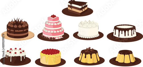 Delicious cake and dessert collection with chocolate, cream, and fruit toppings cartoon illustration set