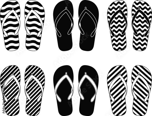 Flip flop sandals illustration set, black and white summer footwear patterns, beach fashion vector 