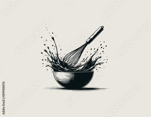 cooking illustration shows whisk mixing ingredients in bowl with dynamic splash