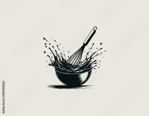 cooking illustration shows whisk mixing ingredients in bowl with dynamic splash