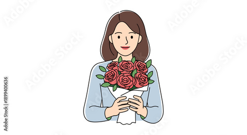 happy woman holding bouquet of red roses smiling joyful natural light concept floristry beauty wellness