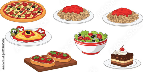 Italian food illustration set, featuring pizza, spaghetti, omelet, salad, bruschetta, cake, vector dishes