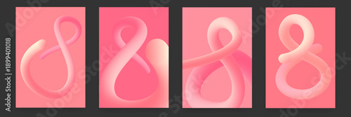 Set of 4 modern 8 March posters with pink 3D fluid numbers, International Women s Day greeting backgrounds with abstract liquid shapes. Creative minimalist layouts for social media stories, and design