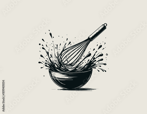 cooking illustration shows whisk mixing ingredients in bowl with dynamic splash
