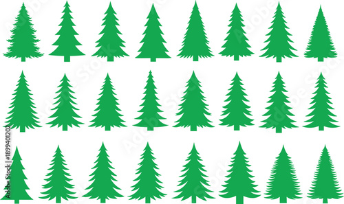 Pine tree silhouettes collection in different shapes green vector illustration isolated on white background