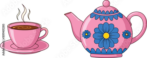 Pink teacup with hot drink and decorative floral teapot isolated on white background illustration