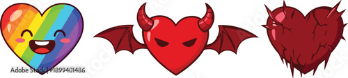 Set of expressive heart icons showing love pride devil and broken emotions on white background 