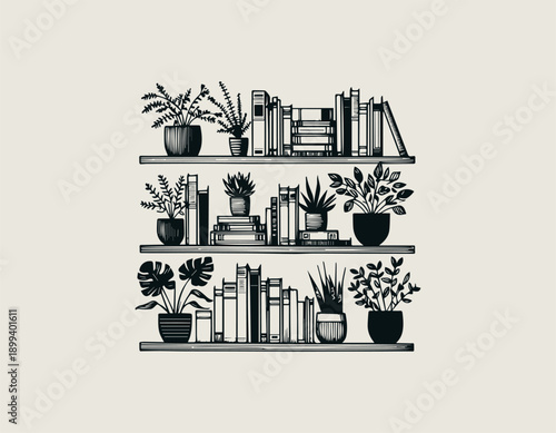 bookshelf illustration shows books arranged with plants in cozy style
