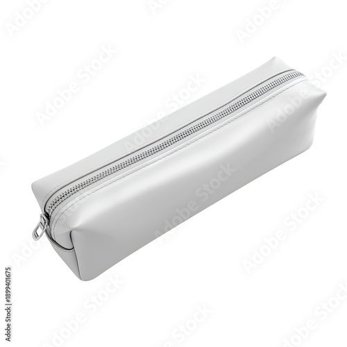 White oblong pencil case with a silver zipper on a black background