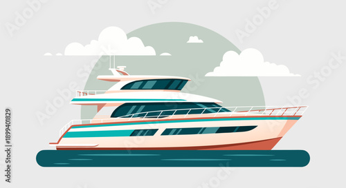 Luxury Yacht Vector Illustration, Modern Cruise Boat Graphic Design with Clouds and Water, Maritime Travel Concept