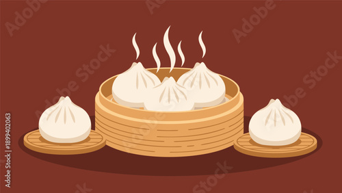 Delicious Steamed Dumplings in Bamboo Steamer - Vector Illustration of Asian Cuisine, Perfect for Food Blogs and Menus
