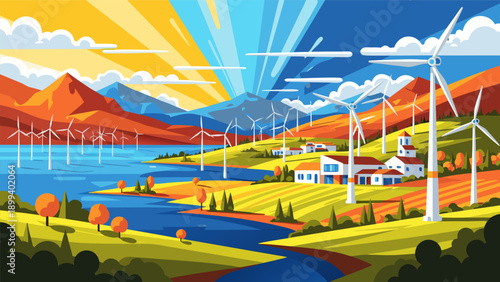Renewable energy landscape vector illustration showing wind turbines in a rural setting with rolling hills and a lake