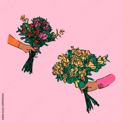 Two Hands Holding Colorful Flower Bouquets