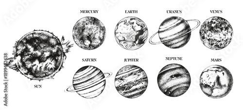 Solar system planets hand drawn vector