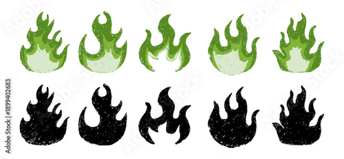collection of green fire and black silhouette flame icons. hand drawn crayon style burning elements isolated on white background