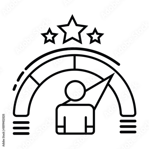Line art icon depicting a person inside a performance gauge with a high reading and three stars above, symbolizing excellent quality and achievement.