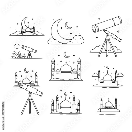 Ornamental moon sighting telescope scene line art black vector set on white background