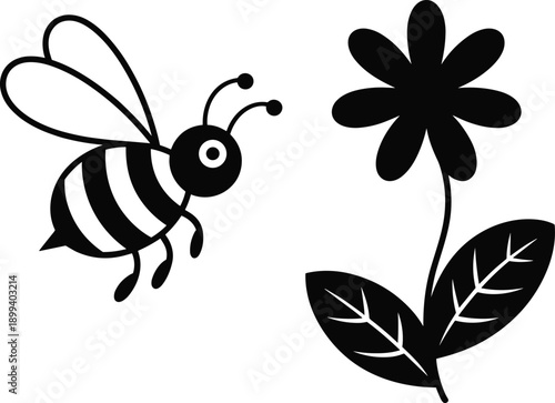 Cute bee and flower silhouette icons, cartoon pollination illustration isolated on white background, simple black vector design elements set collection
