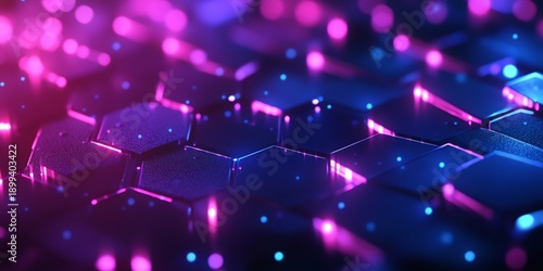 Futuristic Neon Light Technology Closeup of Hexagonal Computer Keyboard in Dark Setting