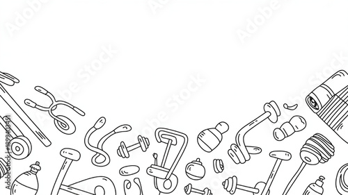 Collection of hand-drawn fitness equipment icons doodle style exercise gear for health and wellness concepts isolated on white background