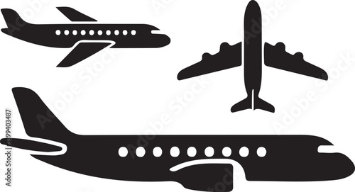 Silhouette Airplane Icons: Travel, Aviation, Transportation, Logistics, Jet Aircraft