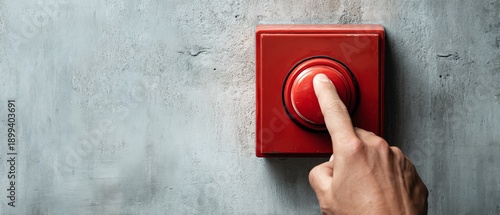A hand pressing a red button on a wall.