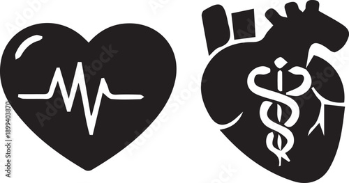 Heartbeat EKG and Caduceus Symbol Icons - Black and White Medical Health Icons