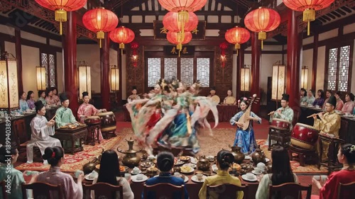 Opulent Traditional Chinese Cultural Banquet with Live Dance and Music Performance in a Grand, Lantern-Lit Hall