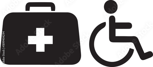 Medical First Aid Kit and Wheelchair Icon Symbol - Healthcare and Accessibility