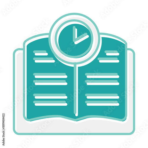 Teal and white flat design icon of an open book with a clock on top, symbolizing education, learning, and time management.