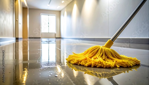Yellow mop with thick strands resting against a wall on a wet floor, surrounded by visible water puddles on smooth reflective surface, illuminated by soft lighting to emphasize recent cleaning activit