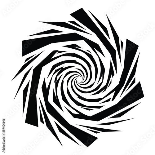 Dynamic black and white spiral graphic with sharp geometric lines