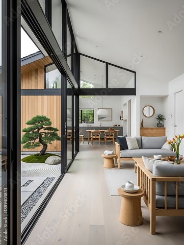 Serene modern living space with Zen garden accent and sleek interiors