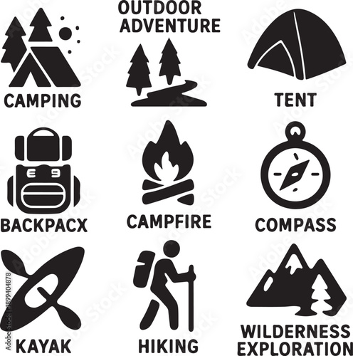 Camping, outdoor adventure icon set vector