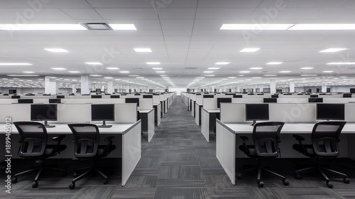 monotony. Vast landscape of identical grey office cubicles under sterile lighting, vanishing point perspective. safety posters.