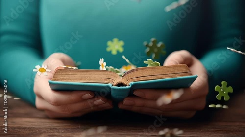 Hands Holding Open Book with Blossoming Wildflowers