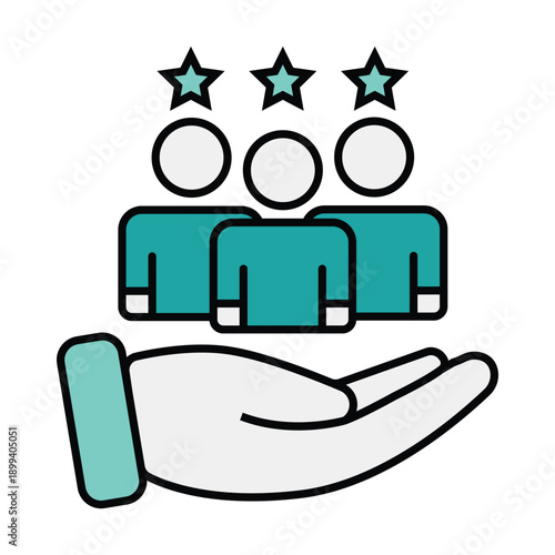 An illustration of an open hand supporting three stylized people icons with stars above their heads, representing customer service or employee recognition.