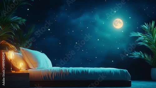 Peaceful Tropical Night: Outdoor Bed, Stars, and Full Moon