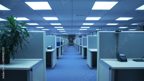 monotony. Vast landscape of identical grey office cubicles under sterile lighting, vanishing point perspective. safety posters.