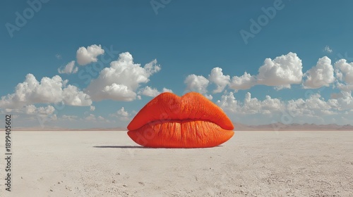 Large orange lips sculpture in a desert under blue sky with clouds