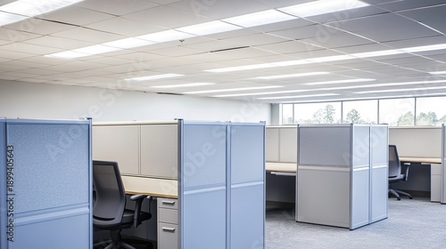 monotony. Vast landscape of identical grey office cubicles under sterile lighting, vanishing point perspective. safety posters.