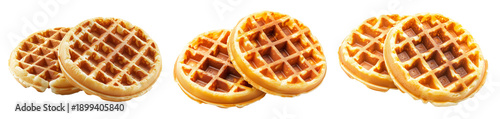 Golden brown waffle with crispy edges and soft texture, isolated on white background, concept of breakfast food