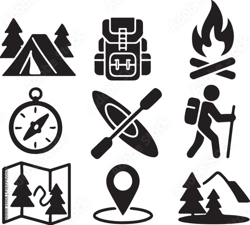 Camping, outdoor adventure icon set vector