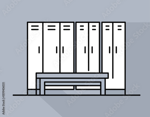 Row of white lockers with a bench in front.