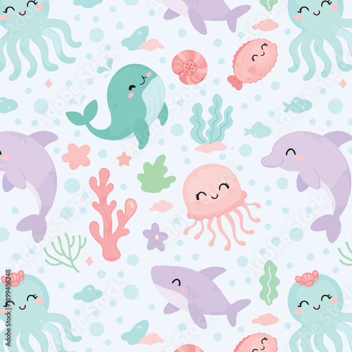 Sea bottom seamless pattern with fish, starfish, shell, coral and bubble. 
